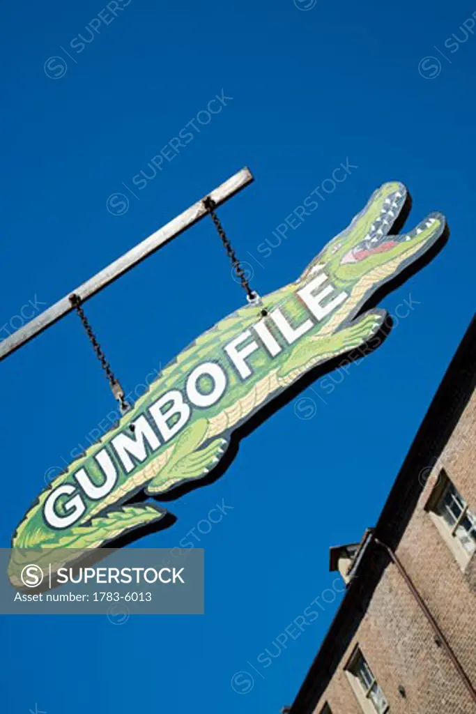 A crocodile shaped sign for Gumbofile, a cafe bar, in the French Quarter, New Orleans , Louisiana, USA