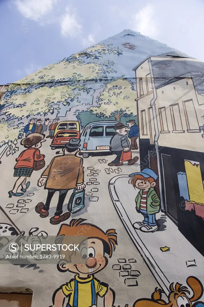 Mural depicting street scene, Route of Comic, Brussels, Belgium.
