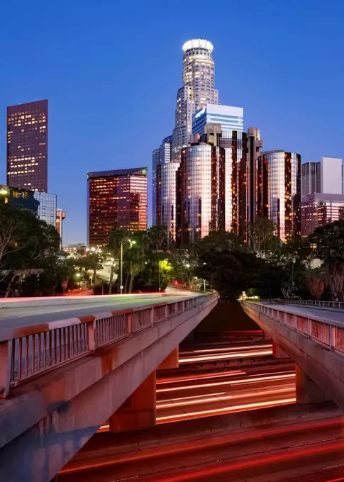 Financial core of Los Angeles at dusk; Los Angeles, California, United States of America
