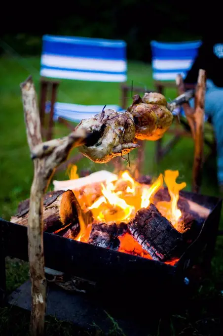 Spit roast chicken over open fire at Llyn Gwynant Campsite; Nant Ggwynant, Snowdonia National Park, North Wales, Wales, UK