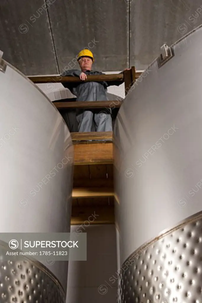 Blue-collar worker in factory overlooking storage tanks