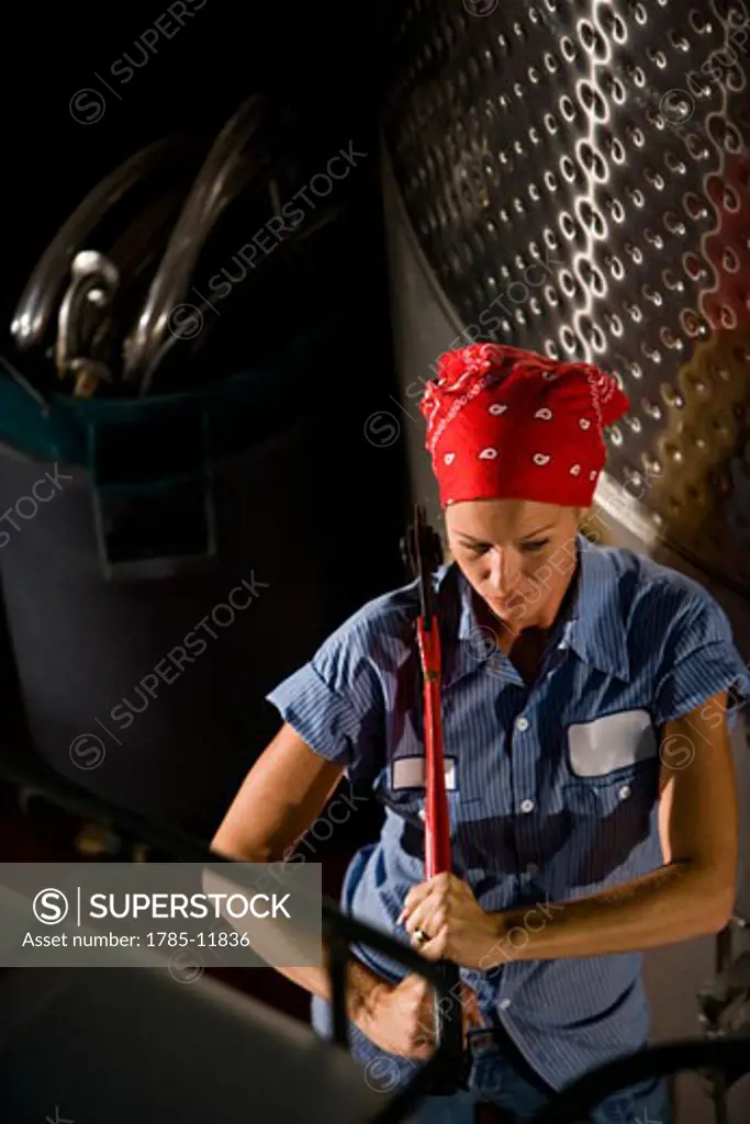 Young woman standing by winery container holding equipment