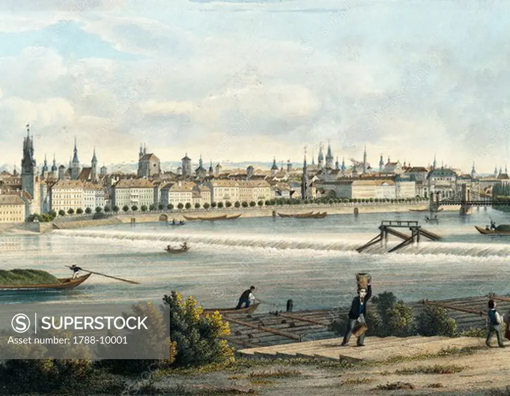 Czech Republic, Prague, View of the Vltava River, engraving by Vincent Morstadt (1802-1875), detail