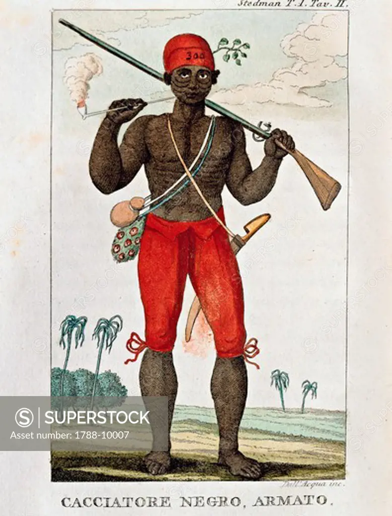Suriname, Armed negro hunter, engraving by Dell'Acqua from Narrative of a five years expedition againts the Revolted Negroes of Suriname by John Gabriel Stedman (1744-1797)
