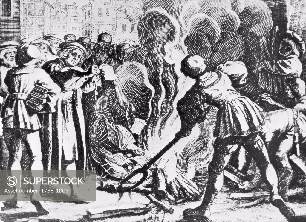 Protestant Reformation - 16th century - Martin Luther publicly burns papal bull of excommunication (December 10th 1520)