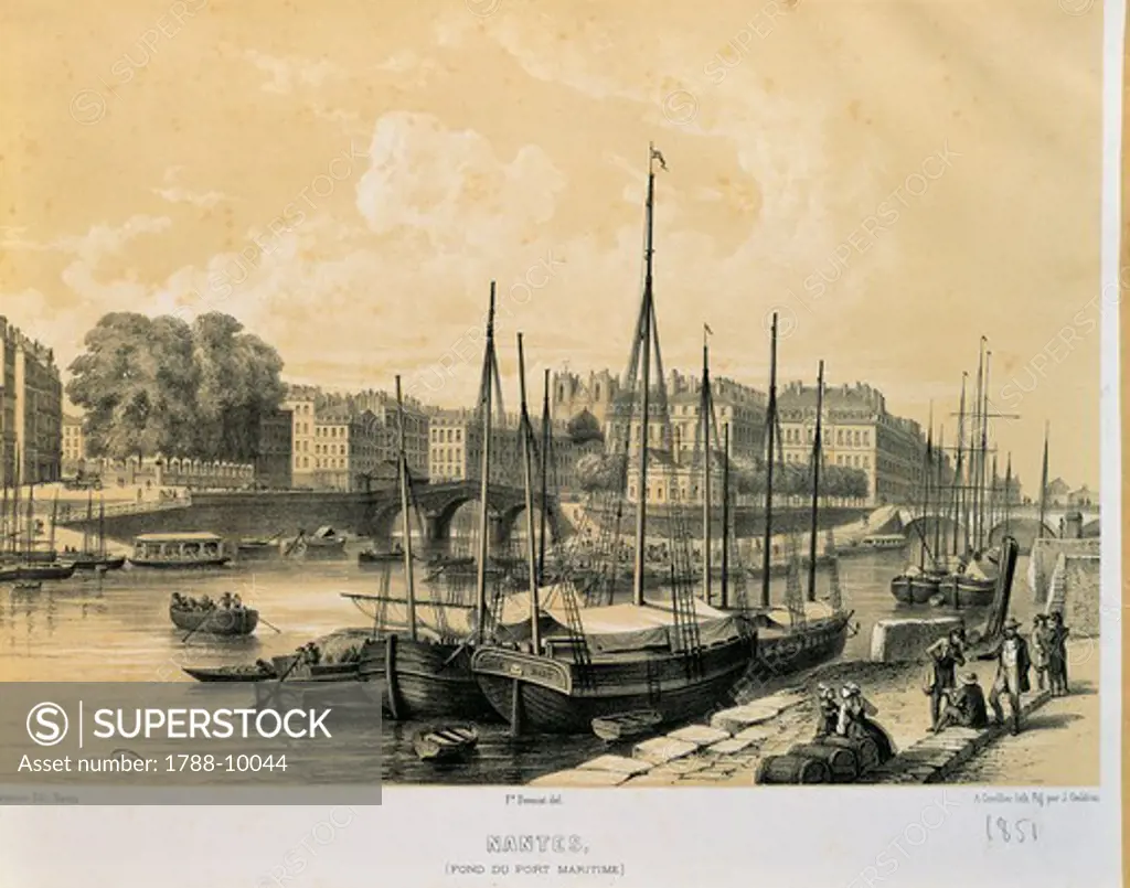France, Paris, View of the harbor in Nantes, lithograph