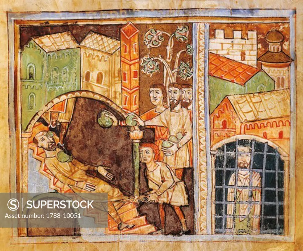 Italy, Vercelli, Stoning and imprisonment of Saint Stephen, miniature