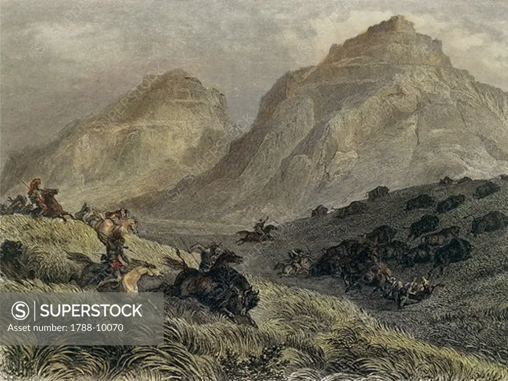 France, Paris, Bison hunting scene, engraving