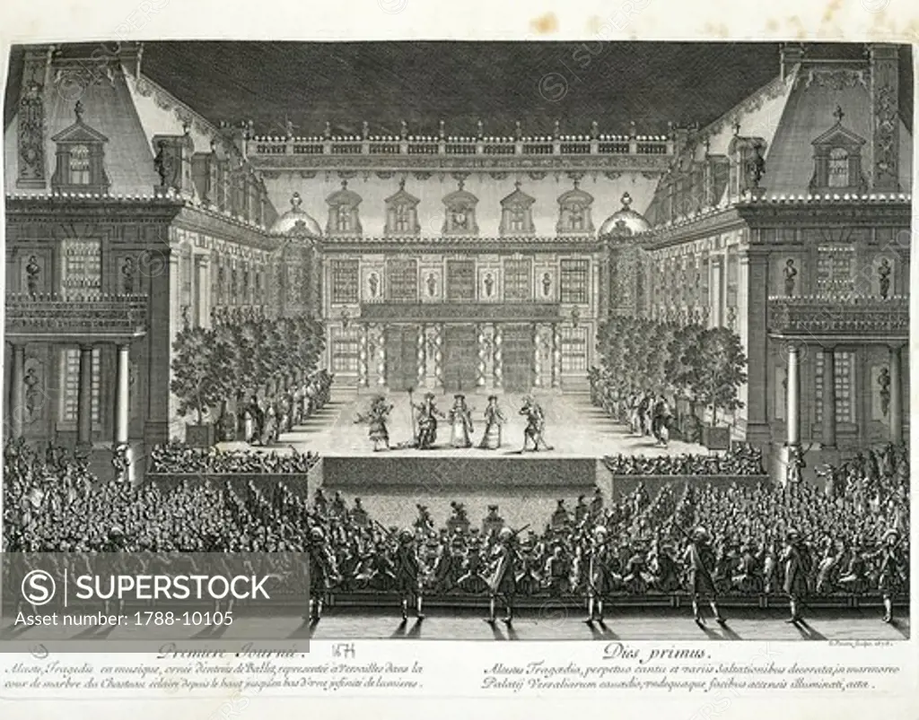France, Paris, Alceste, ou le Triomphe d'Alcide, lyric tragedy by Jean-Baptiste Lully (born Giovanni Battista Lulli, 1632-1687), libretto by Philippe Quinault (1635-1688), performed in Versailles before King Louis XIV, engraving by Lepaure, 1674