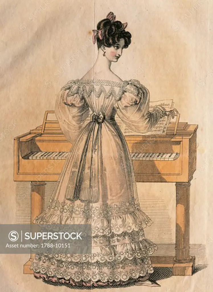 Austria, Lady at the harspichord, color engraving, 1827