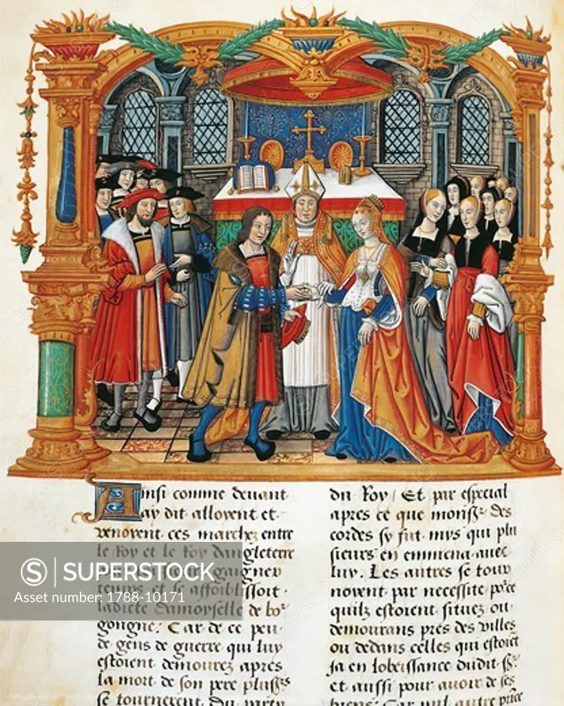 France, Burgundian Wars, The wedding of Maximilian I and Mary of Burgundy celebrated in 1477, miniature, 1524, From the Memoires by Philippe de Commynes (1445-1511)