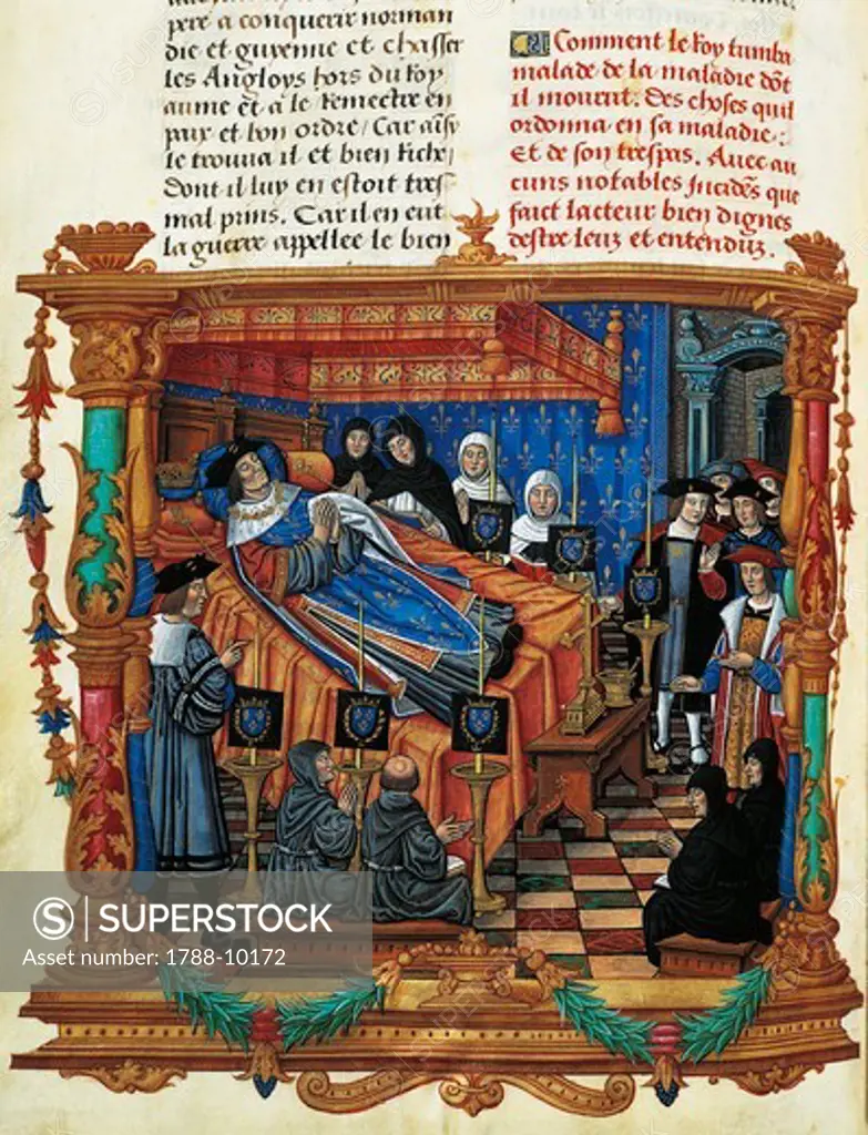 France, Death of King Louis XI, miniature, 1524, From Memoires by Philippe de Commynes (1445-1511)