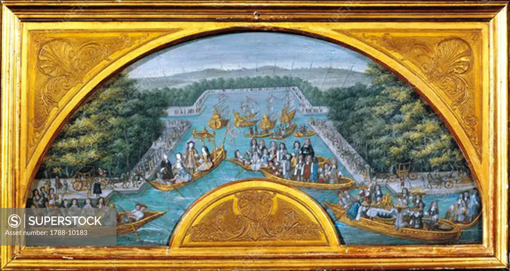 France, Courtly amusements on the Grand Canal of Versailles, design for fan, watercolor
