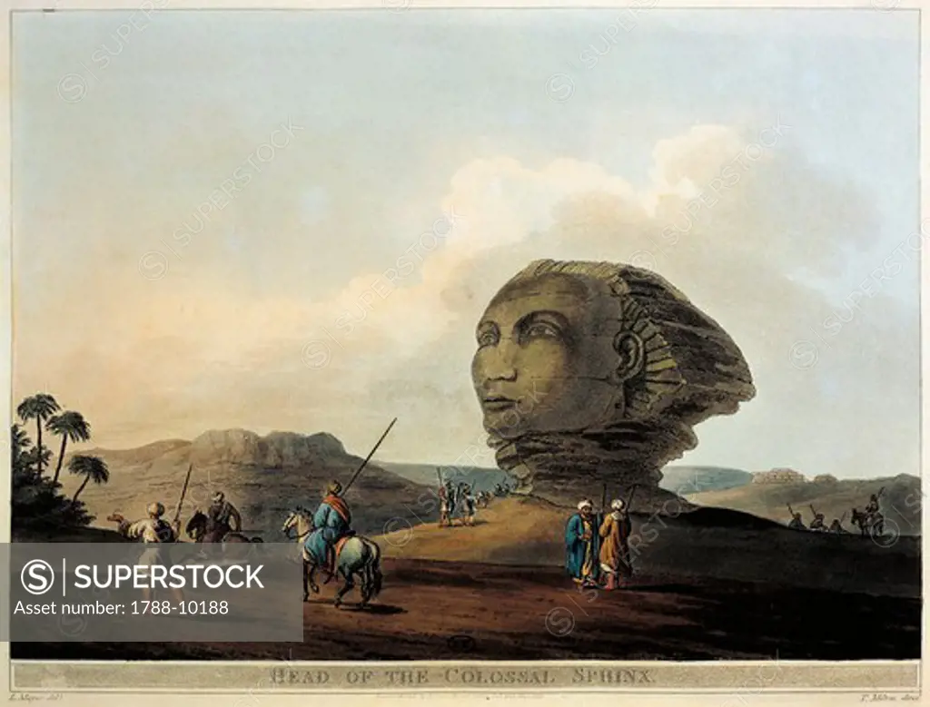 Sphinx head in Egypt from Views in Egypt by Luigi Mayer, engraving, 1804