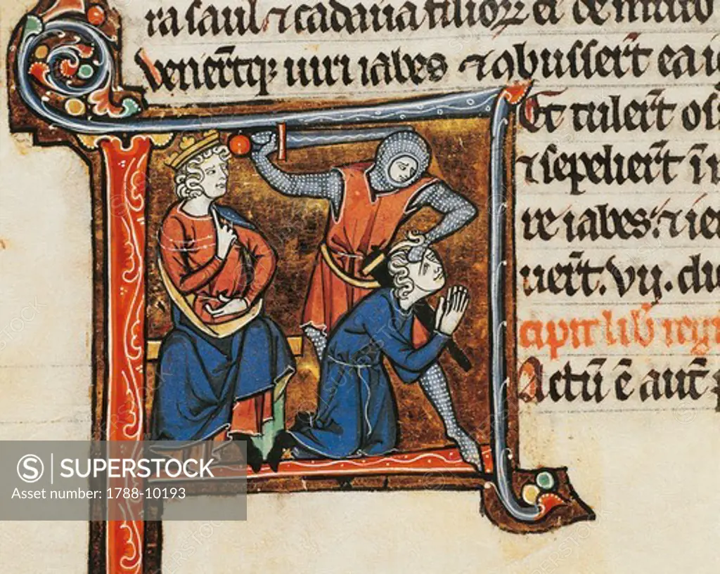 France, David ordering to kill the messenger announcing Saul's death, miniature from the Latin Bible (folio 65) of the Abbey of Mont Saint-Eloi