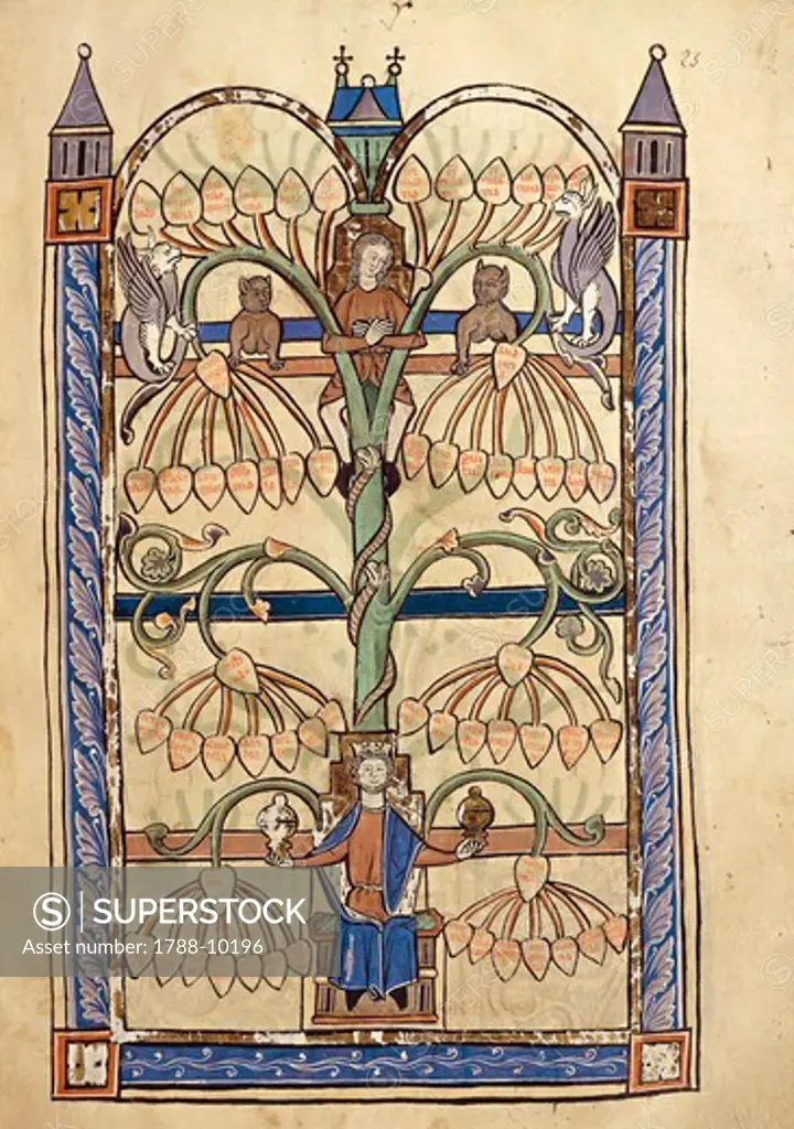 France, Genealogical tree of the Virgin Mary, miniature from the manuscript Speculum Virginae (folio 23) of the Abbey of Saint-Vaast