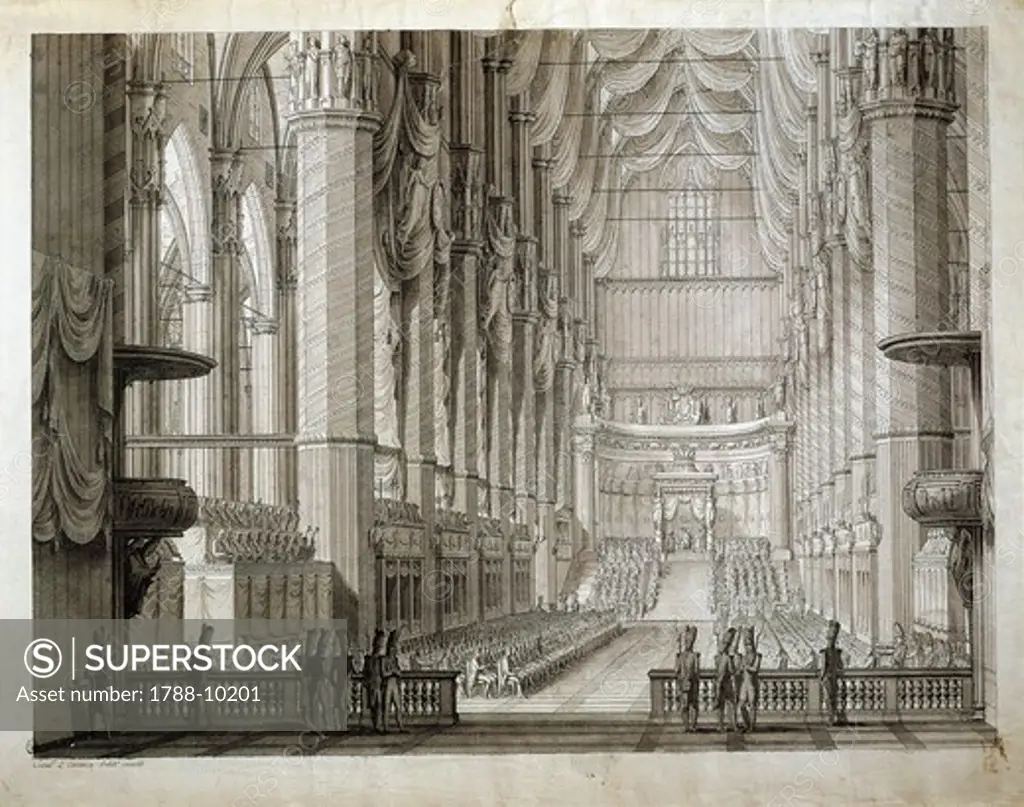 Italy, Napoleonic Wars, Coronation of Napoleon Bonaparte (1769-1821) as King of Italy in the Milan Cathedral on May 21, 1805, watercolor