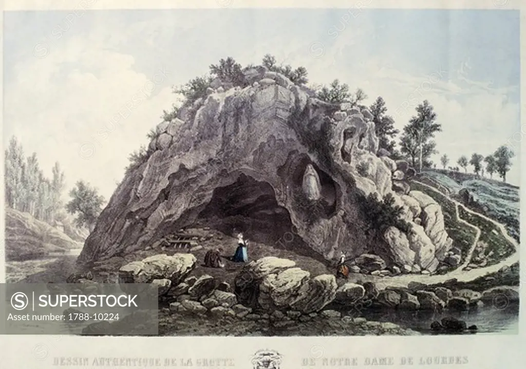 France, Lourdes, View of the Grotto of Massabielle also known as the Cave of Apparitions, engraving