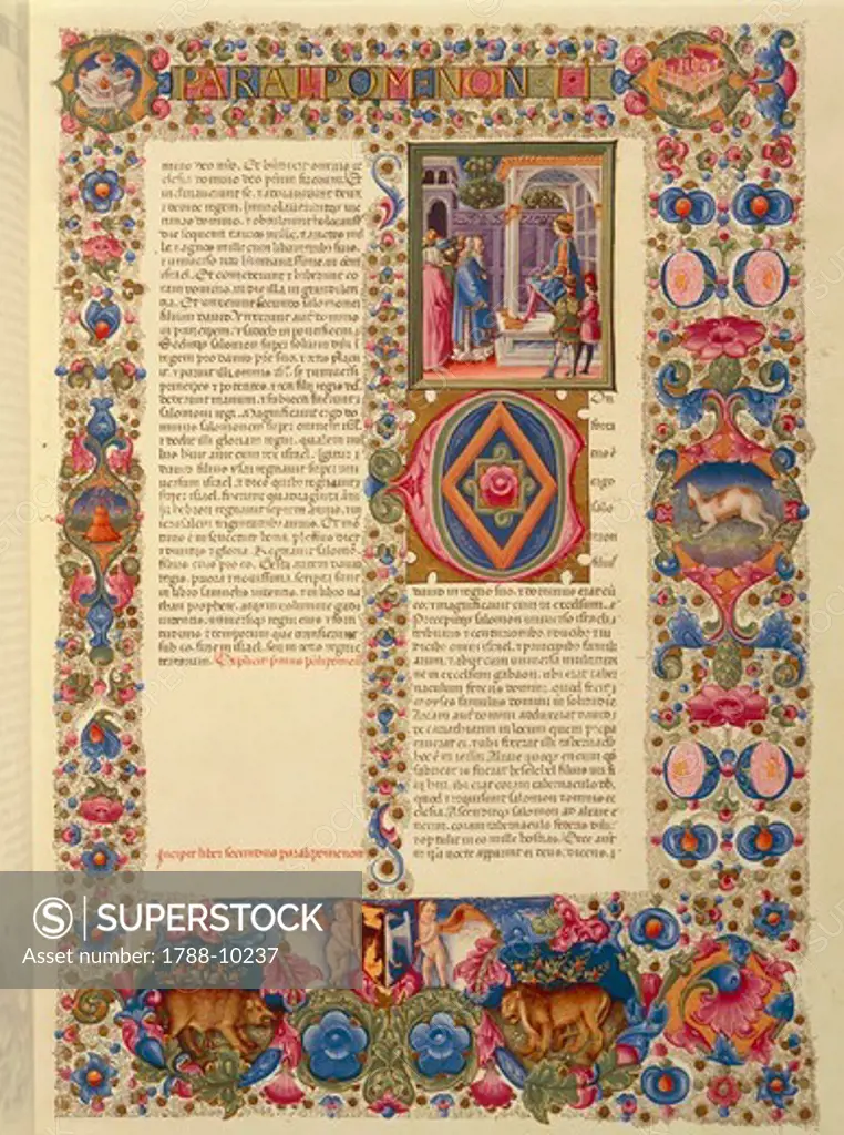 Italy, Incipit of the second Book of Chronicles, or Paralipomenon II miniature from the Latin Bible of Borso d'Este (1413-1471) by Taddeo Crivelli (1425-1479) and helpers (volume 1, folio 179, recto), 1455-62