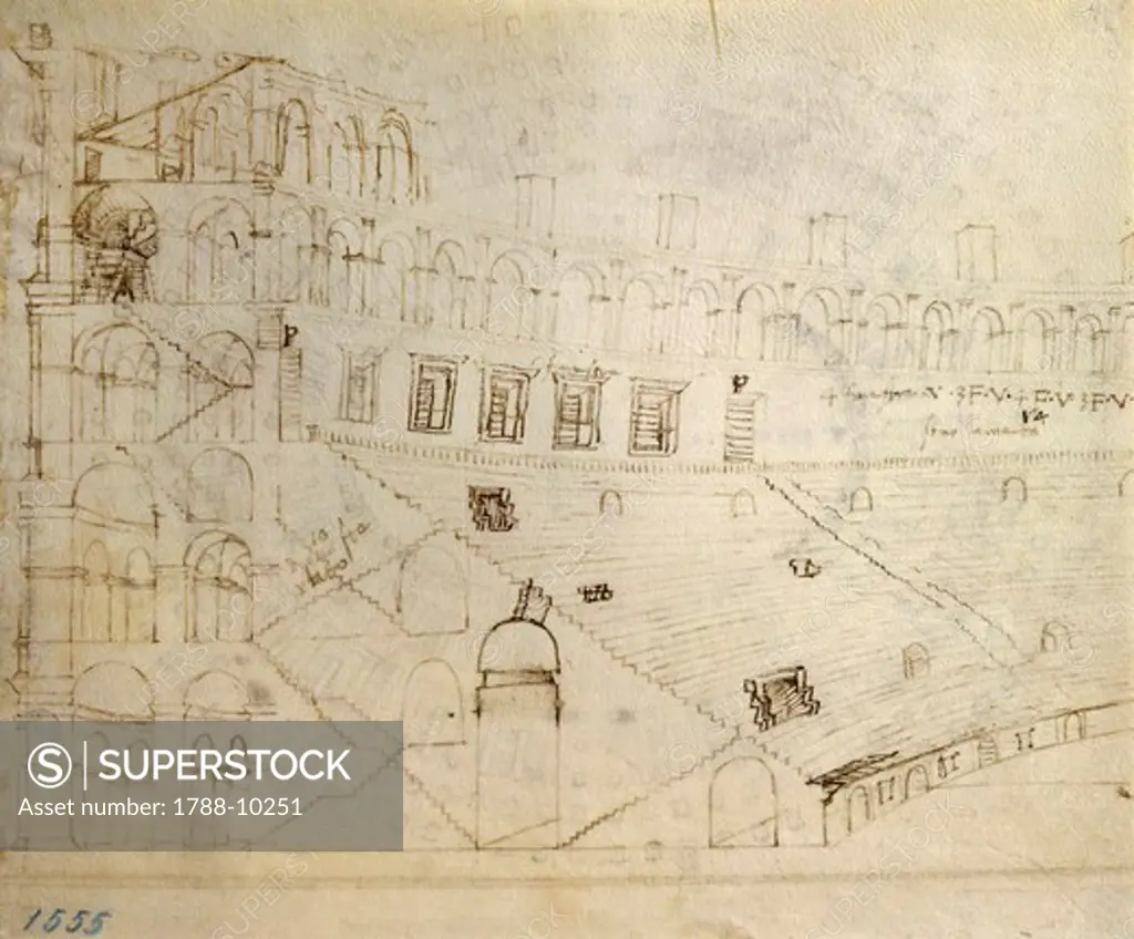 Italy, Florence, View and section of the Colosseum by Antonio da Sangallo the Younger (born Antonio Cordini, 1484-1546), drawing