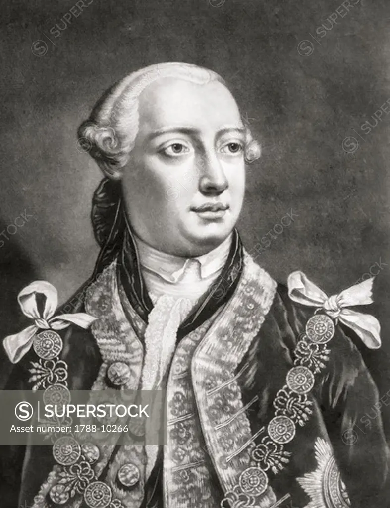 United Kingdom, Portrait of George III William Frederick (1738 - 1820), King of Great Britain and Ireland (1760-1800), Kinf of the United Kingdom (1801-1820), Elector (1760-1815) and then King of Hanover (1815-1820), son of Frederick of Hanover and Augusta of Sassonia-Gotha, engraving