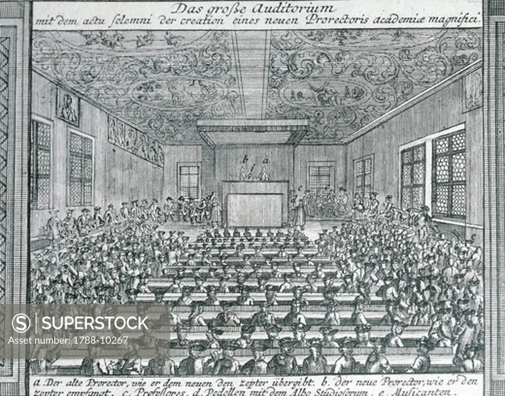 Germany, The great hall at the University of Halle, engraving