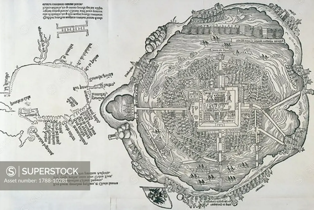 Mexico, Map of Tenochtitlan from Praeclara Ferdinandi Cortesii by Hernan Cortes (1485-1547), engraving, Nuremberg, 1524