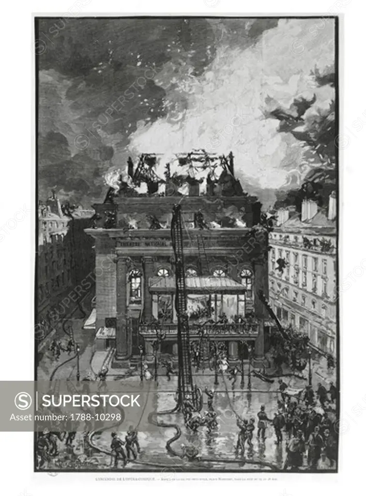 France, Paris, The Opera Comique theater destroyed by fire during the night of May 25, 1887