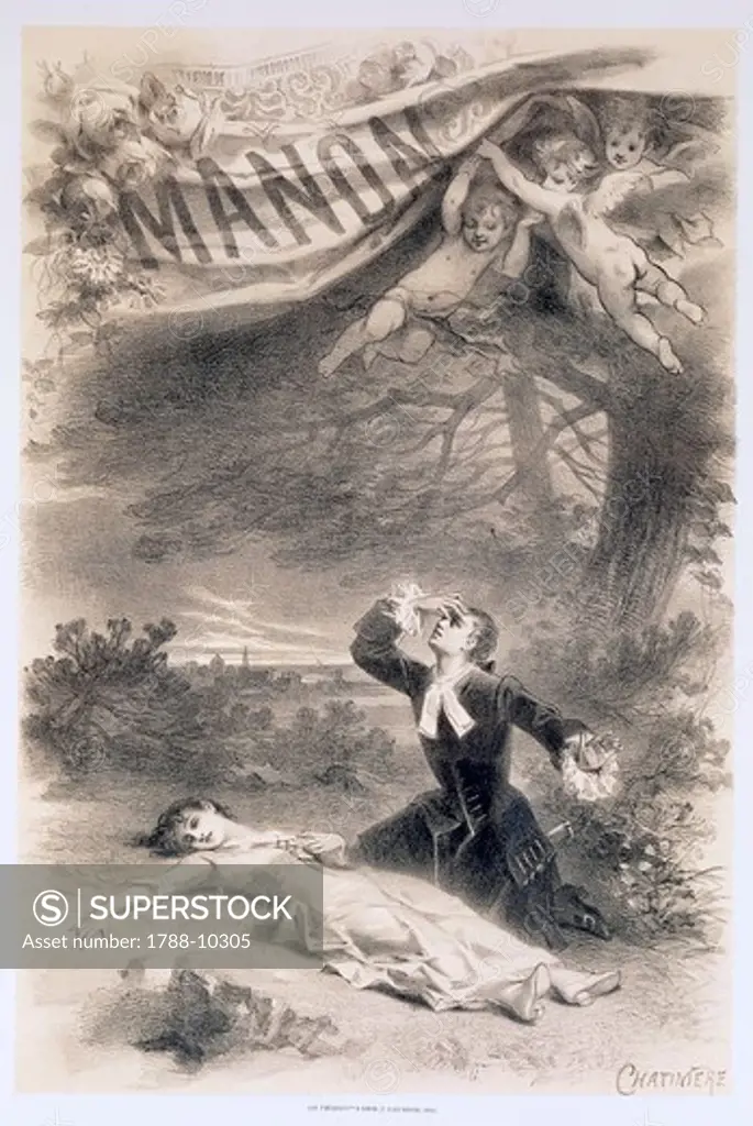 France, Paris, Playbill by Antonin Marie Chatiniere of the opera Manon by Jules Massenet (1842-1912), for the premiere at the Opera-Comique of Paris, January 19, 1884