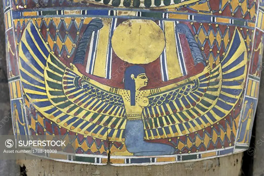 Egypt, Saqqara necropolis, Detail of cartonnage, winged Maat