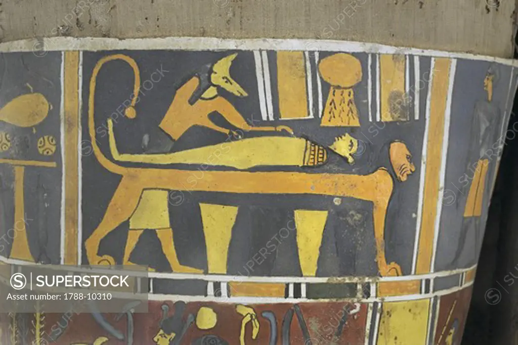 Egypt, Saqqara necropolis, Detail of cartonnage, embalmer and mummified person on lion-shaped table