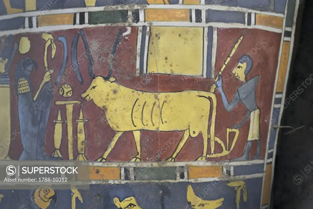 Egypt, Saqqara necropolis, Detail of cartonnage, holy bull Mnevi led towards God Ra-Harakti