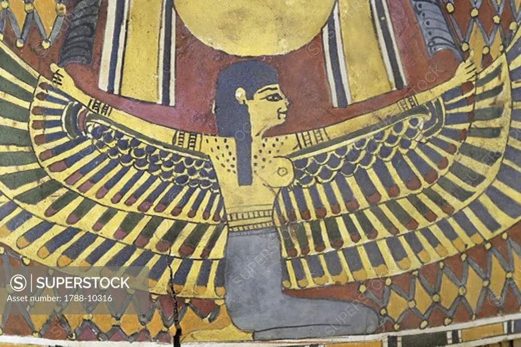 Egypt, Saqqara necropolis, Detail of cartonnage, winged Maat