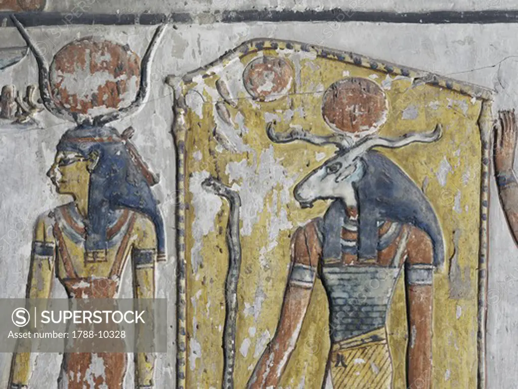 Egypt, Thebes, Luxor, Valley of the Kings, Mural paintings, Side Chamber, Close-up of Tomb of Seti I