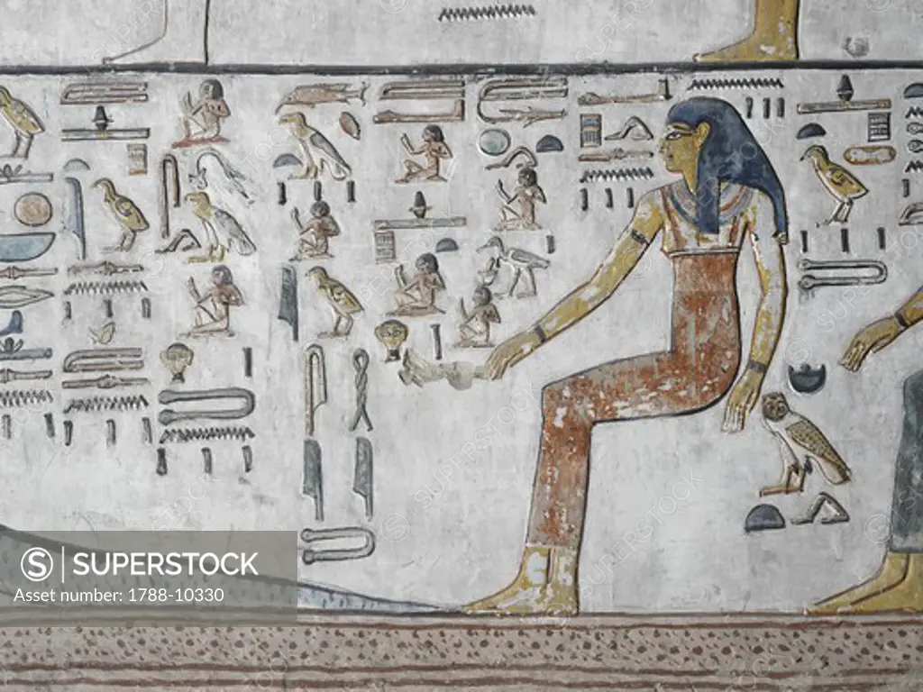 Egypt, Thebes, Luxor, Valley of the Kings, Close-up of mural paintings, Side Chamber, Tomb of Seti I