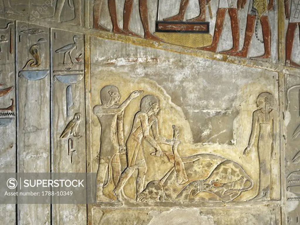 Egypt, Thebes, Luxor, Valley of the Kings, Relief in corridor, Tomb of Seti I