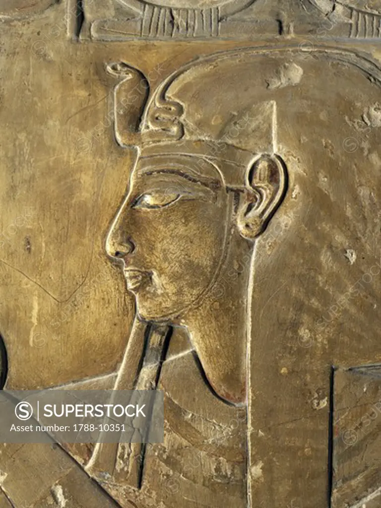 Egypt, Thebes, Luxor, Valley of the Kings, close-up of relief in corridor representing Pharaoh, Tomb of Seti I