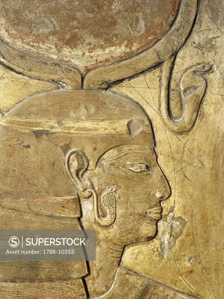 Egypt, Thebes, Luxor, Valley of the Kings, close-up of relief in corridor representing Isis, Tomb of Seti I