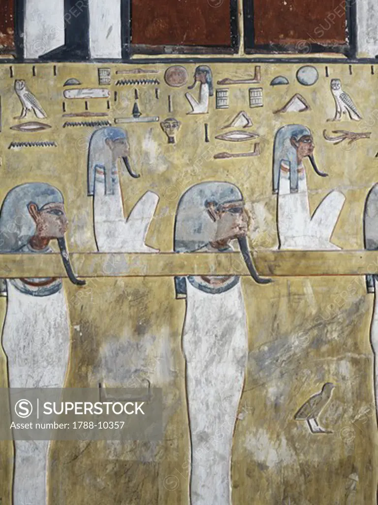 Egypt, Thebes, Luxor, Valley of the Kings, close-up of mural paintings in main hall of Tomb of Seti I