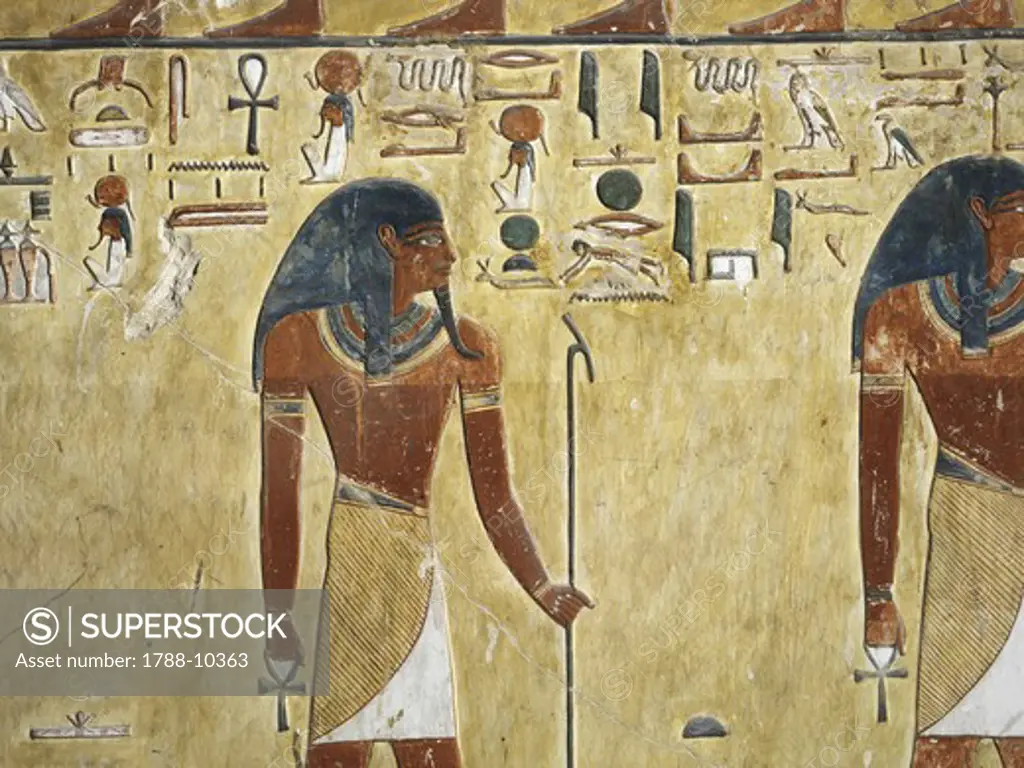 Egypt, Thebes, Luxor, Valley of the Kings, Tomb of Seti I, mural painting of two gods, from nineteenth dynasty