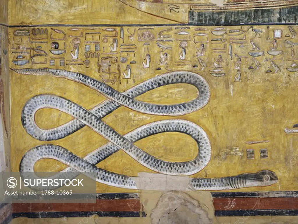Egypt, Thebes, Luxor, Valley of the Kings, Tomb of Seti I, mural painting with snake motif, from nineteenth dynasty