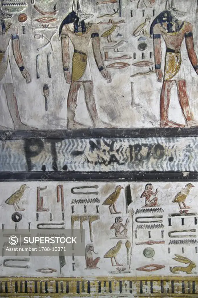 Egypt, Thebes, Luxor, Valley of the Kings, Tomb of Seti I, graffiti on mural painting from nineteenth dynasty
