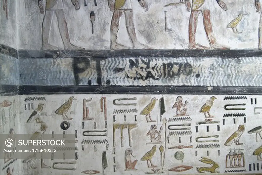 Egypt, Thebes, Luxor, Valley of the Kings, Tomb of Seti I, graffiti on mural painting from nineteenth dynasty