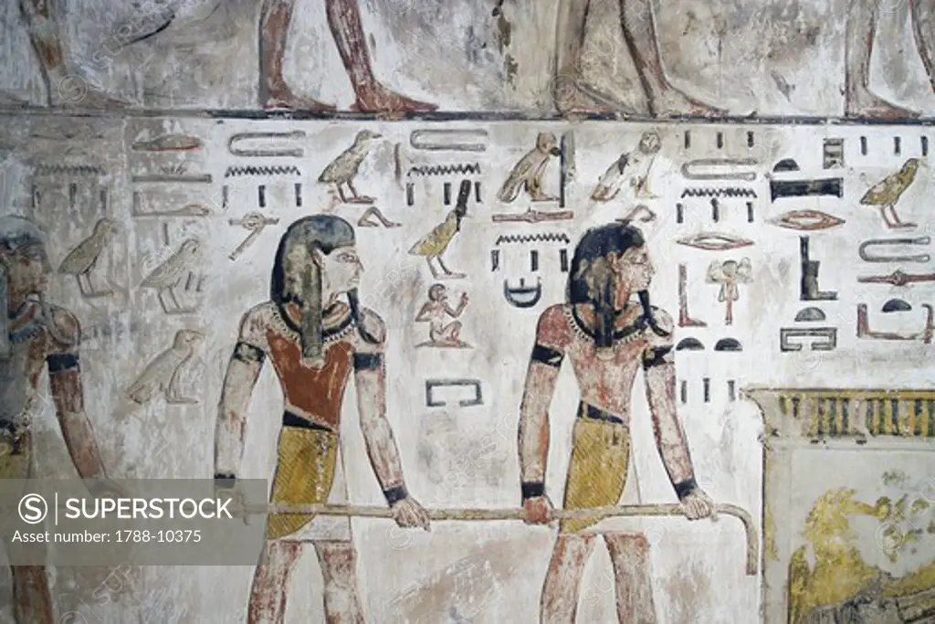 Egypt, Thebes, Luxor, Valley of the Kings, Tomb of Seti I, mural painting from nineteenth dynasty