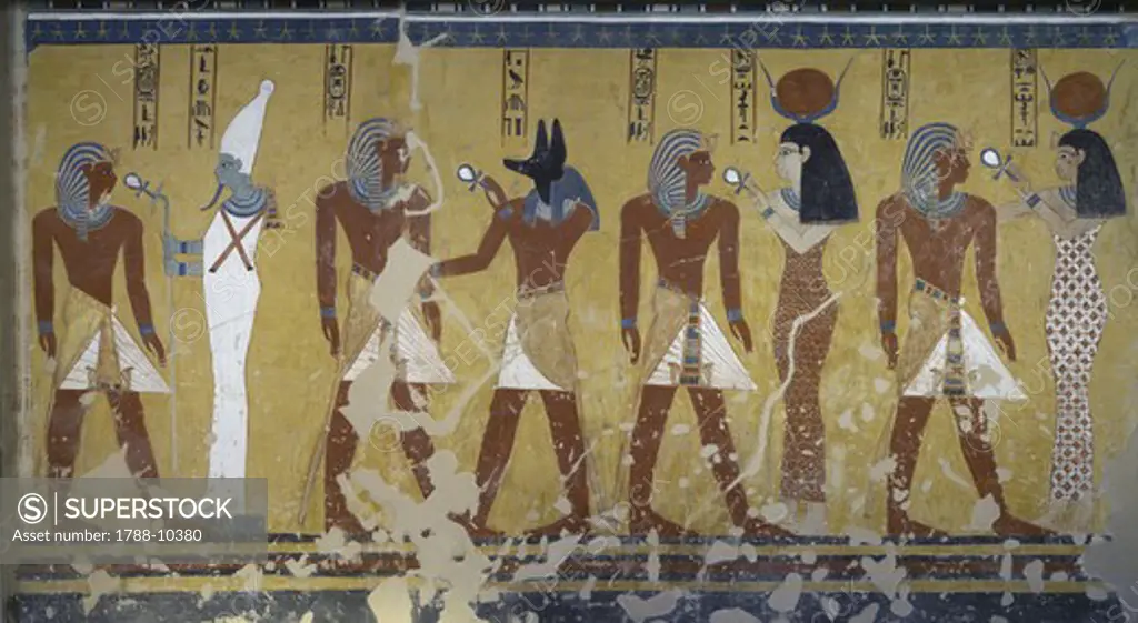 Egypt, Thebes, Luxor, Valley of the Kings, Tomb of Thutmose IV, mural painting of Adoration of the gods Osiris, Anubis and Isis, from eighteenth dynasty