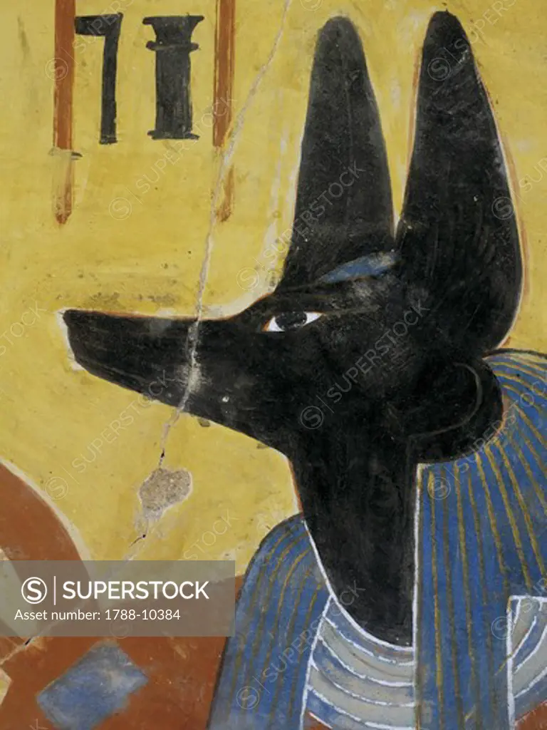 Egypt, Thebes, Luxor, Valley of the Kings, Tomb of Thutmose IV, mural painting of Adoration of the gods, Anubis, from eighteenth dynasty