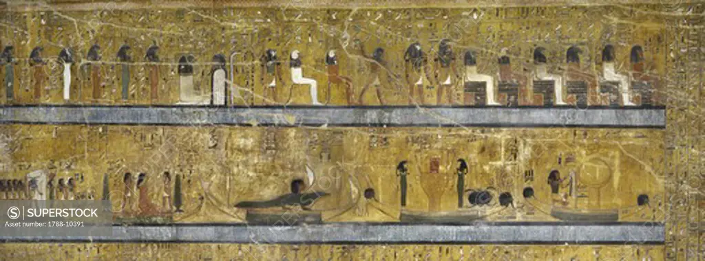 Egypt, Thebes, Luxor, Valley of the Kings, Tomb of Seti I, mural painting of Illustrated Amduat, from nineteenth dynasty