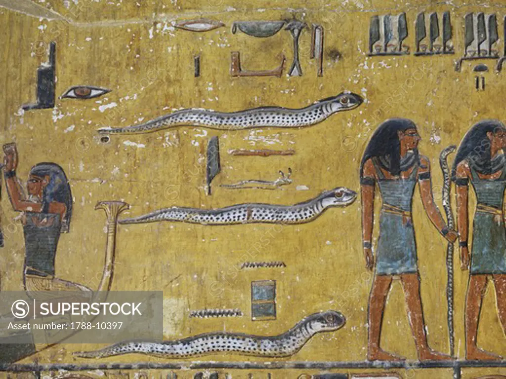 Egypt, Thebes, Luxor, Valley of the Kings, Tomb of Seti I, mural painting of snakes, from nineteenth dynasty