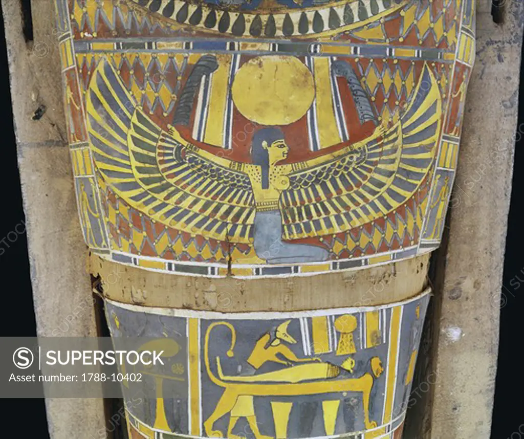 Egypt, Saqqara necropolis, detail of cartonnage, winged Maat with solar disk and embalmer with mummified person on lion-shaped table, from 4th century BC