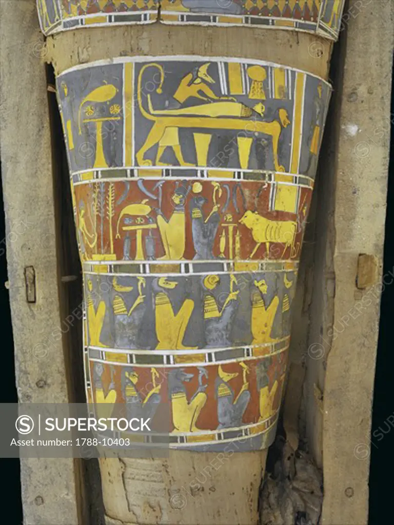 Egypt, Saqqara necropolis, detail of cartonnage, embalmer with mummified person on lion-shaped table with God Osiris and Ra-Harakti back to back, from 4th century BC